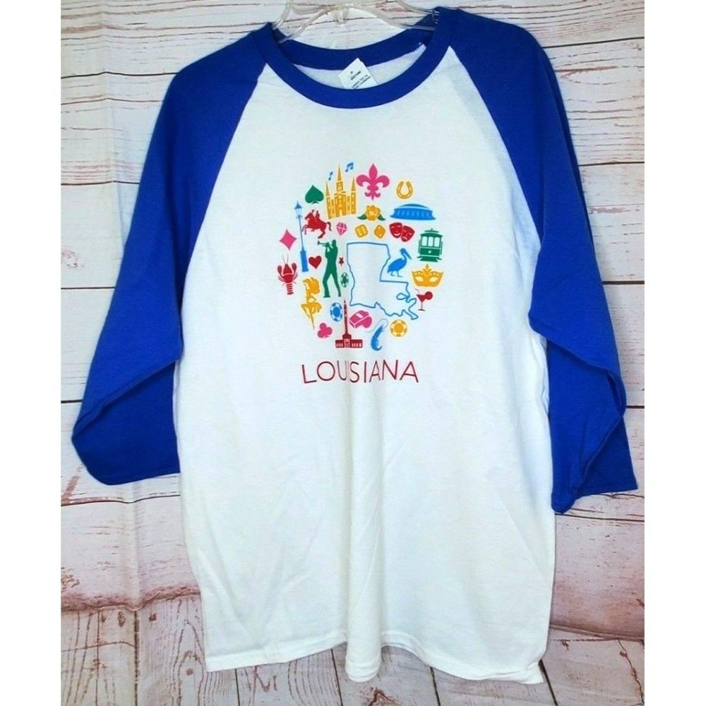 Unisex 1/4 Sleeve Louisiana Graphic Large White Blue Icon Collection Shirt